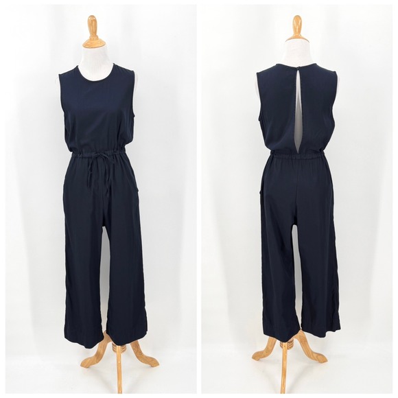 ALI GOLDEN Slit Back Jumpsuit XS Navy Blue Sleeveless Wide Leg Cropped - Picture 4 of 16